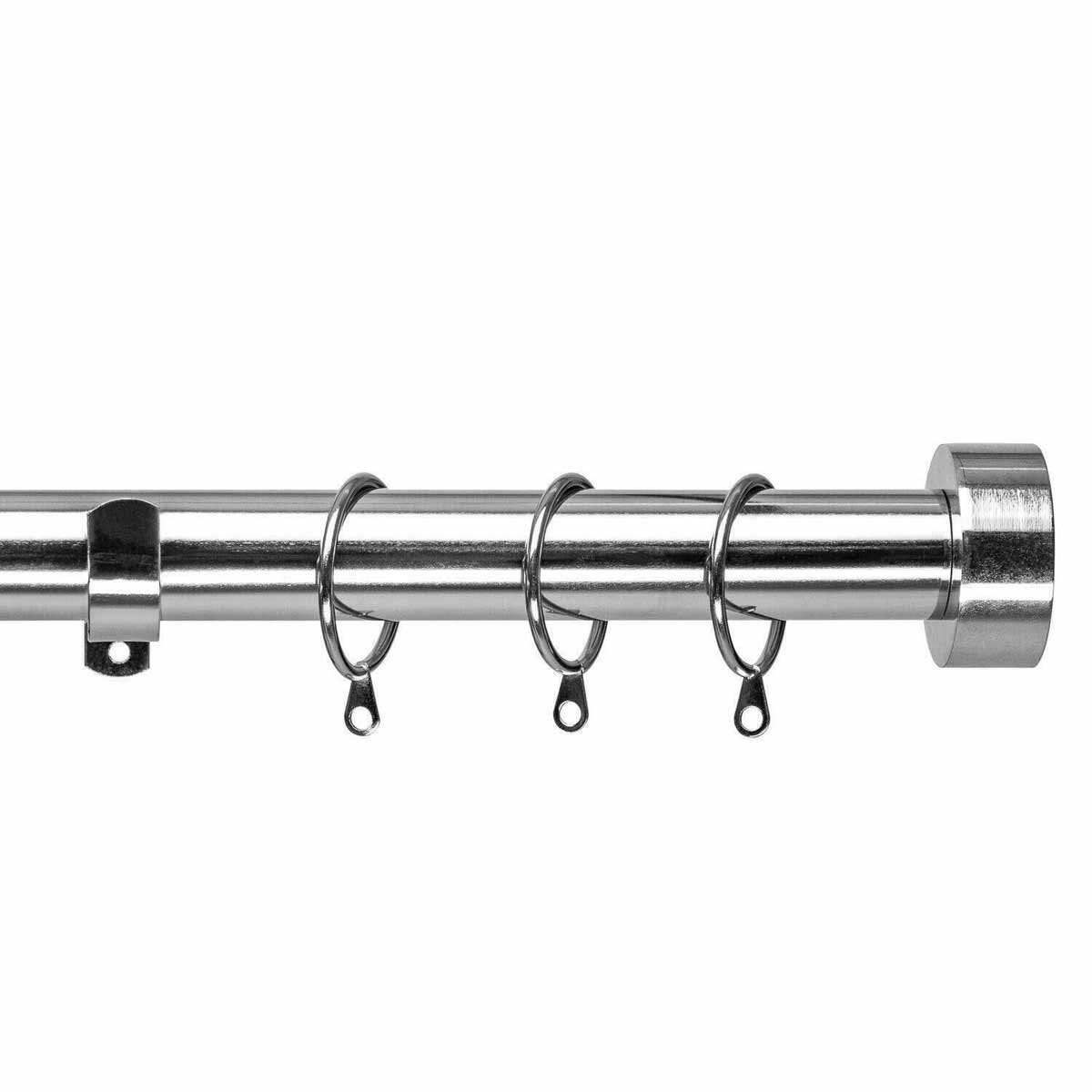 Extendable chrome curtain pole set in silver, measuring 40cm to 325cm, featuring a sleek design with multiple rings for hanging curtains.