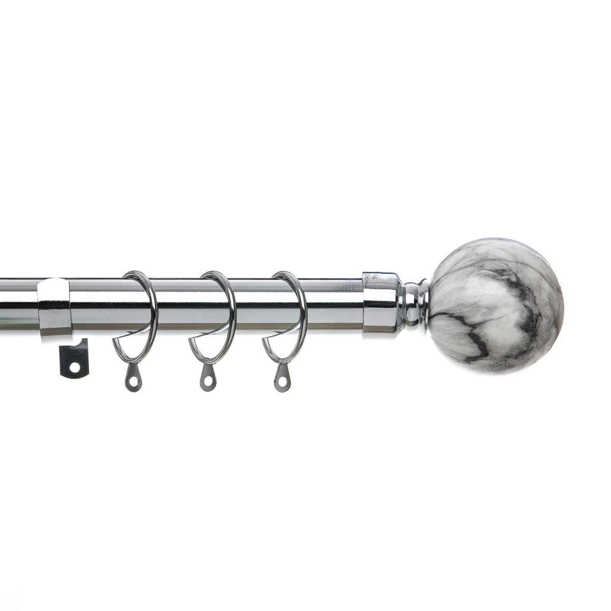 Extendable curtain pole set in chrome with a marble-patterned finial, featuring metal rings for easy curtain hanging, adjustable from 40cm to 325cm in length.