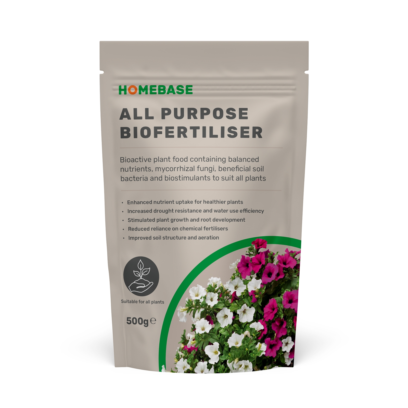 Brown packaging with a matte finish featuring the text "HOMEBASE ALL PURPOSE BIOFERTILISER" and colorful flower graphics, indicating suitability for all plants, 500g weight.