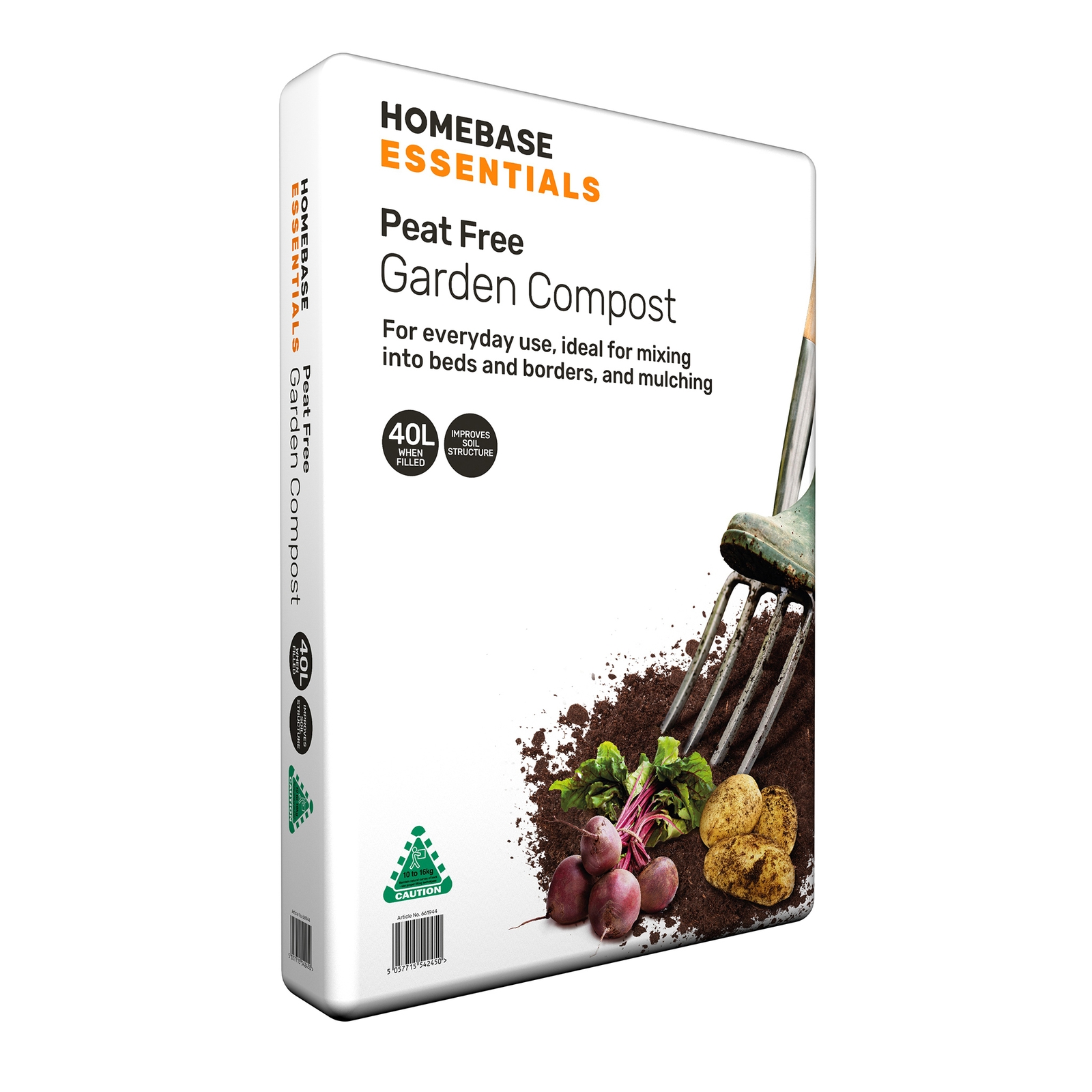 White bag with orange and black text labeled "Homebase Essentials Peat Free Garden Compost - 40L," featuring a graphic of a spade and vegetables on the front.