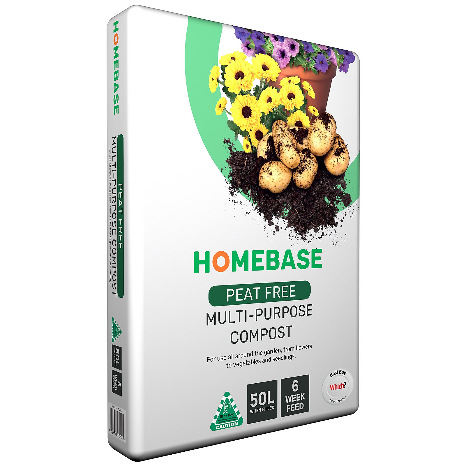White bag featuring colorful graphics of flowers and potatoes, labeled "Homebase Peat Free Multi-Purpose Compost," with a capacity of 50L and a 6-week feed indication.