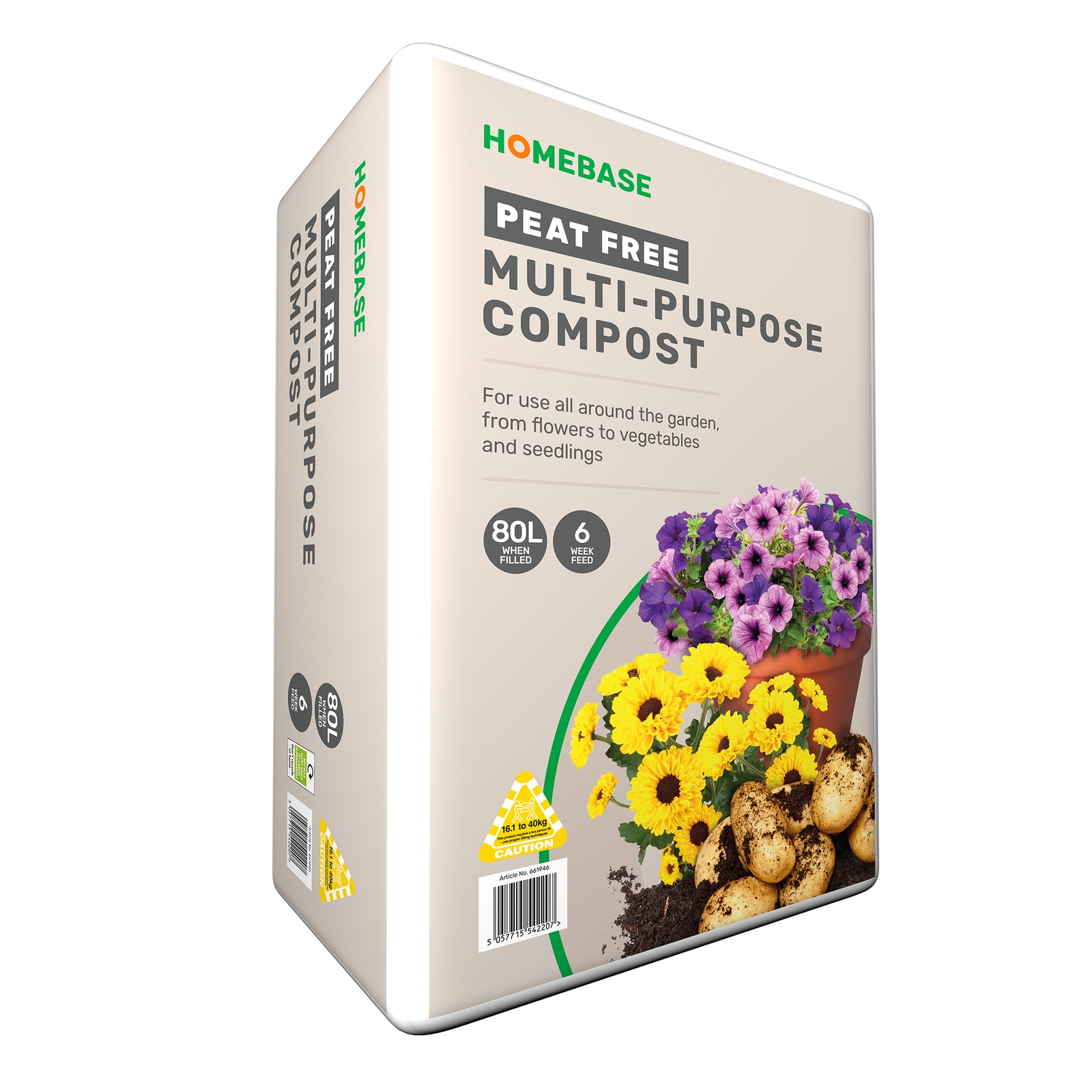 Homebase Peat Free Multi-Purpose Compost bag, 80L, featuring a light beige background with colorful flowers and vegetables, highlighting its versatility for gardening use.