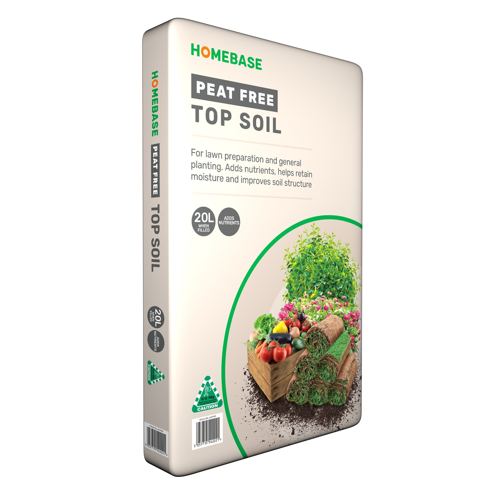 Homebase Peat Free Top Soil, 20L bag, featuring a beige packaging with green accents, highlights benefits for lawn preparation and planting, with images of plants and vegetables.
