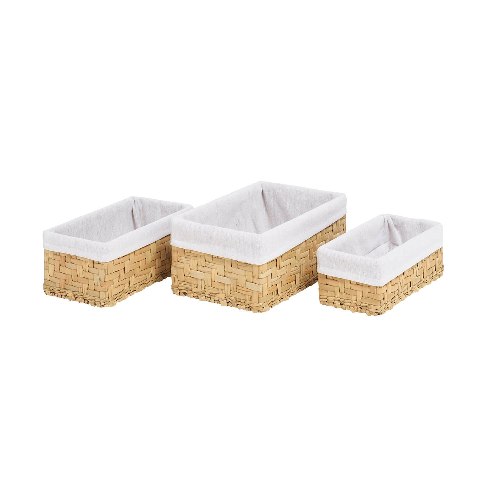 Set of three rectangular baskets made from natural water hyacinth with white fabric liners, showcasing a woven texture and varying sizes for versatile storage.
