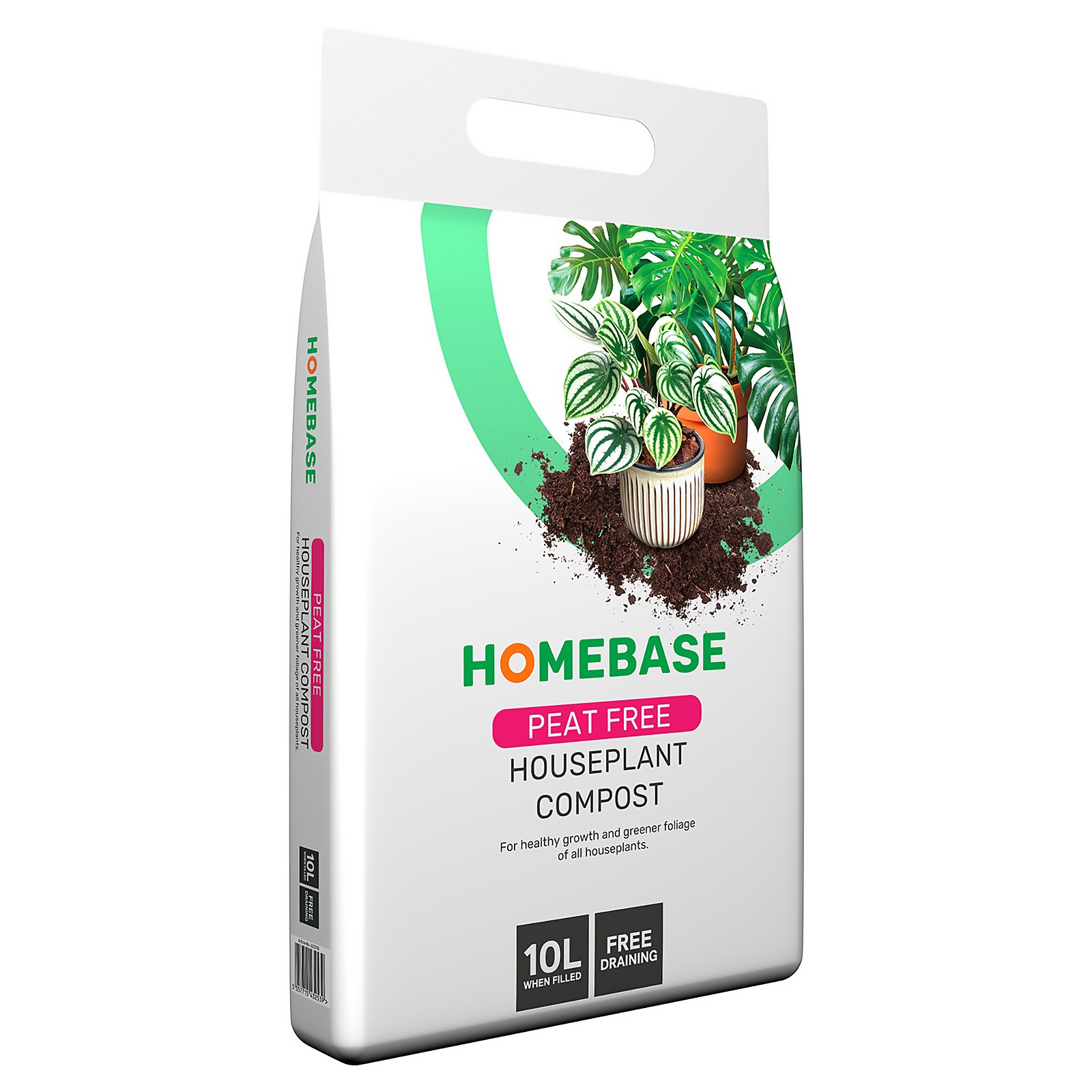 White bag with a green and orange logo, labeled "HOMEBASE PEAT FREE HOUSEPLANT COMPOST," featuring a handle, 10L capacity, and images of houseplants on the front.