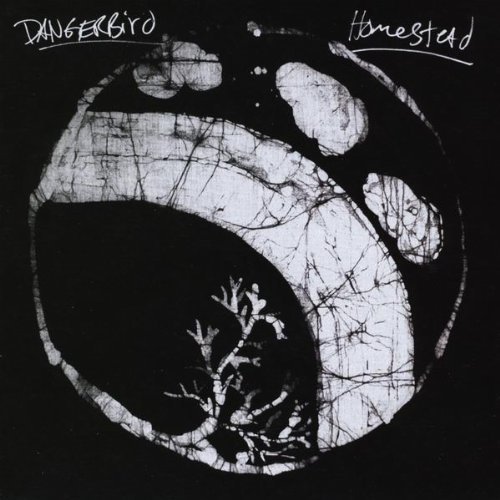 Black and white album cover featuring a circular design with a tree silhouette and abstract textures, titled "Homestead" by Dangerbird.