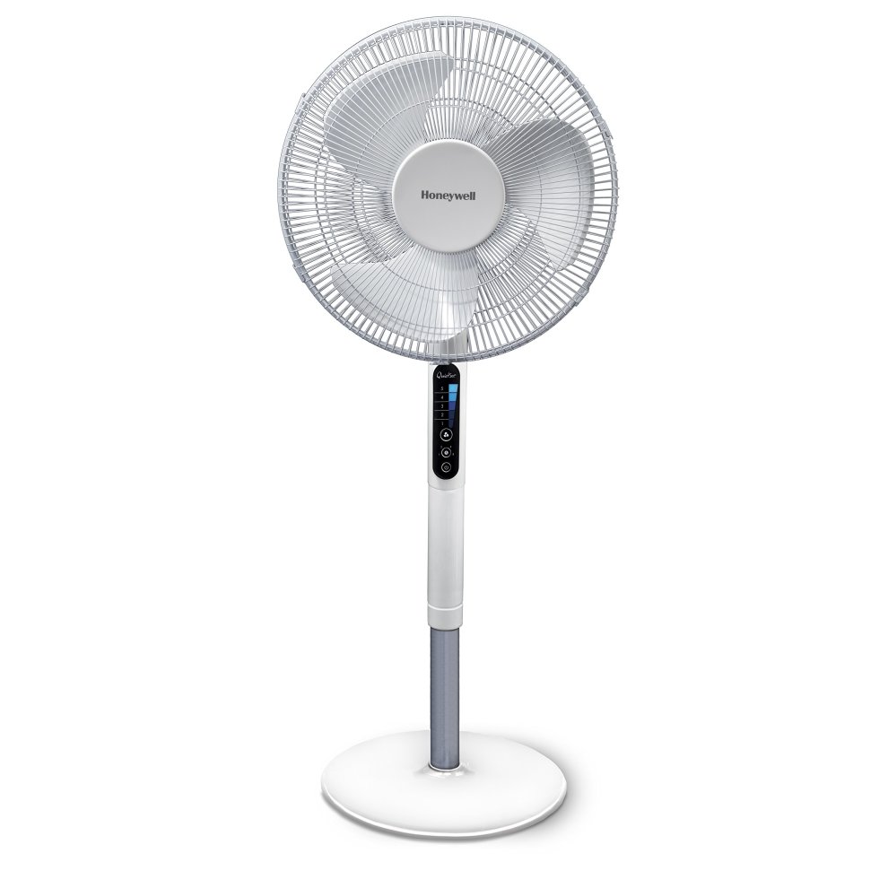 White oscillating stand fan with a sleek design, featuring a mesh grille, digital control panel, and a sturdy base, designed for quiet operation and adjustable settings.
