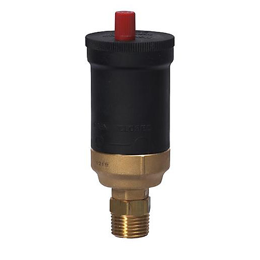 Black plastic auto air vent with a red top and brass threaded base, designed for efficient air removal in heating systems.