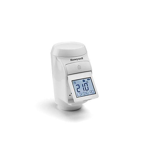 White Honeywell Home Evohome HR92UK radiator control with a digital display showing temperature, featuring a sleek, modern design and a simple interface for easy temperature adjustments.
