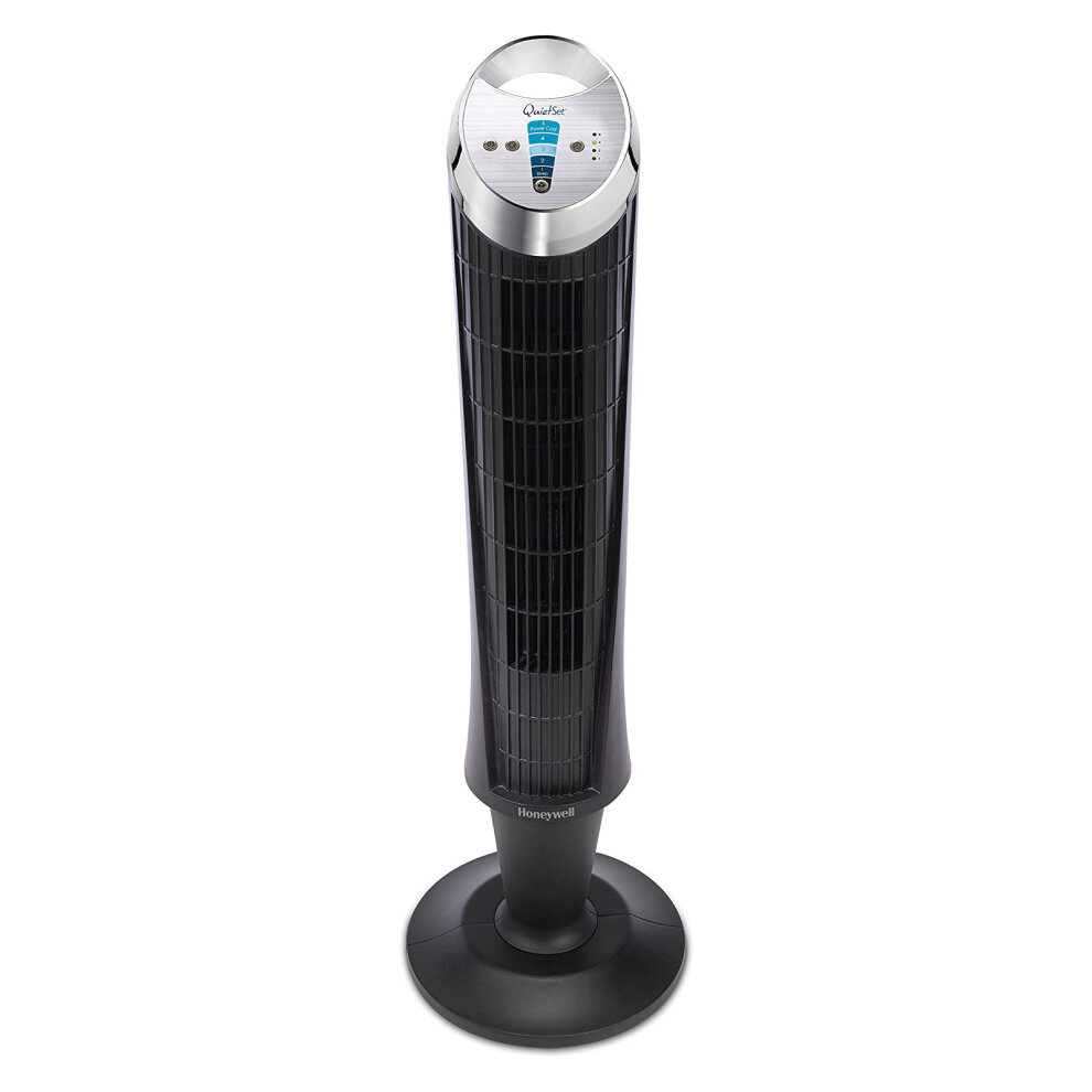 Black and silver Honeywell HY254E QuietSet Tower Fan with a sleek design, featuring a control panel at the top and a sturdy round base for stability.
