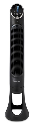 Black Honeywell HYF290E QuietSet Tower Fan featuring a sleek design, remote control, digital display with blue LED lights, and a sturdy base for stability.