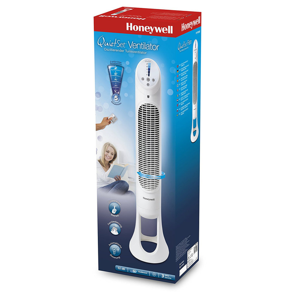 Honeywell QuietSet Tower Fan in white with a sleek design, featuring a remote control, LED display, and adjustable speed settings for customizable airflow.
