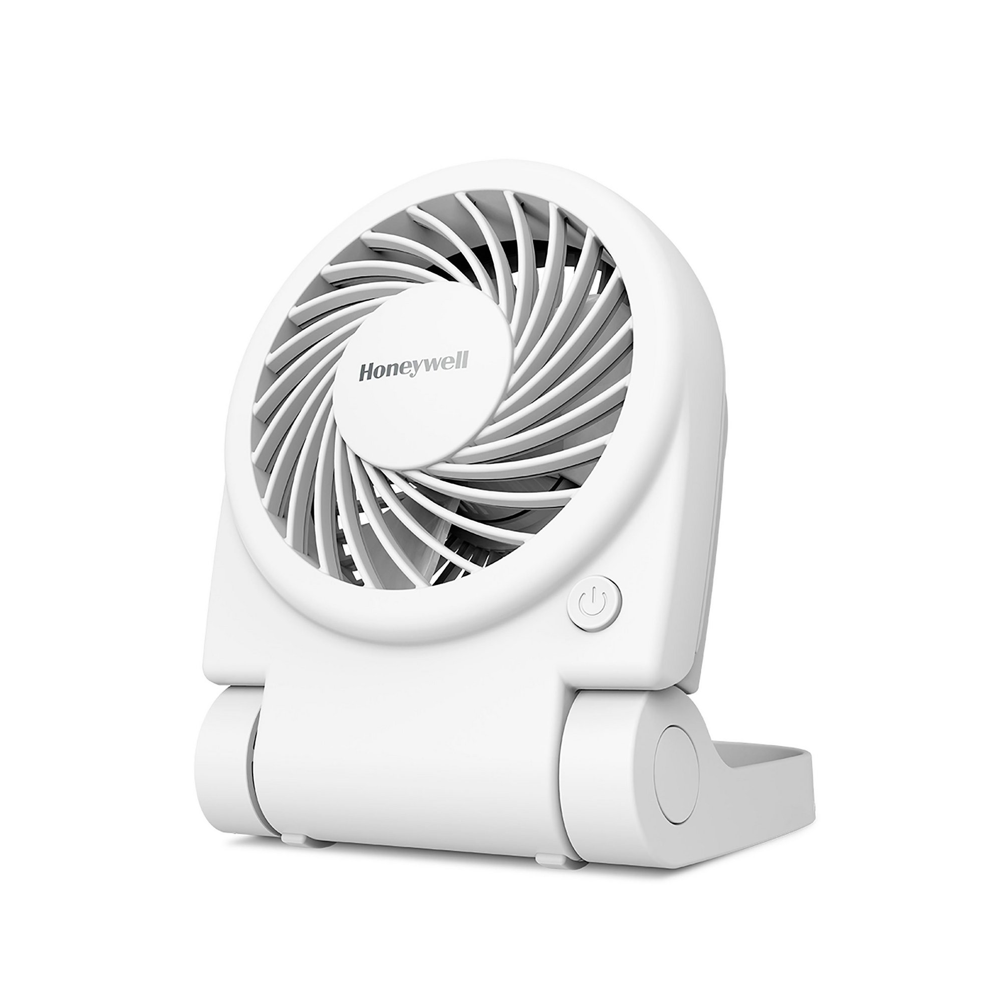 Compact white Honeywell Turbo on the Go fan featuring a sleek design, adjustable tilt, and a prominent power button on the base for easy operation.