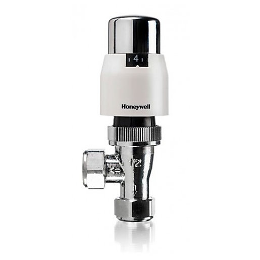 Honeywell Valencia Classic TRV features a chrome-plated angled body with a white dial and adjustable temperature settings, designed for 15mm pipe connections.