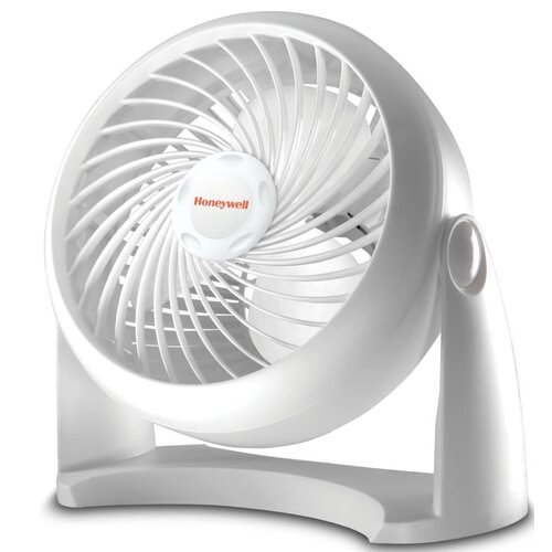 White Honeywell Turbo Fan featuring a circular design, a sturdy base, and a central logo, with multiple blades for efficient airflow.