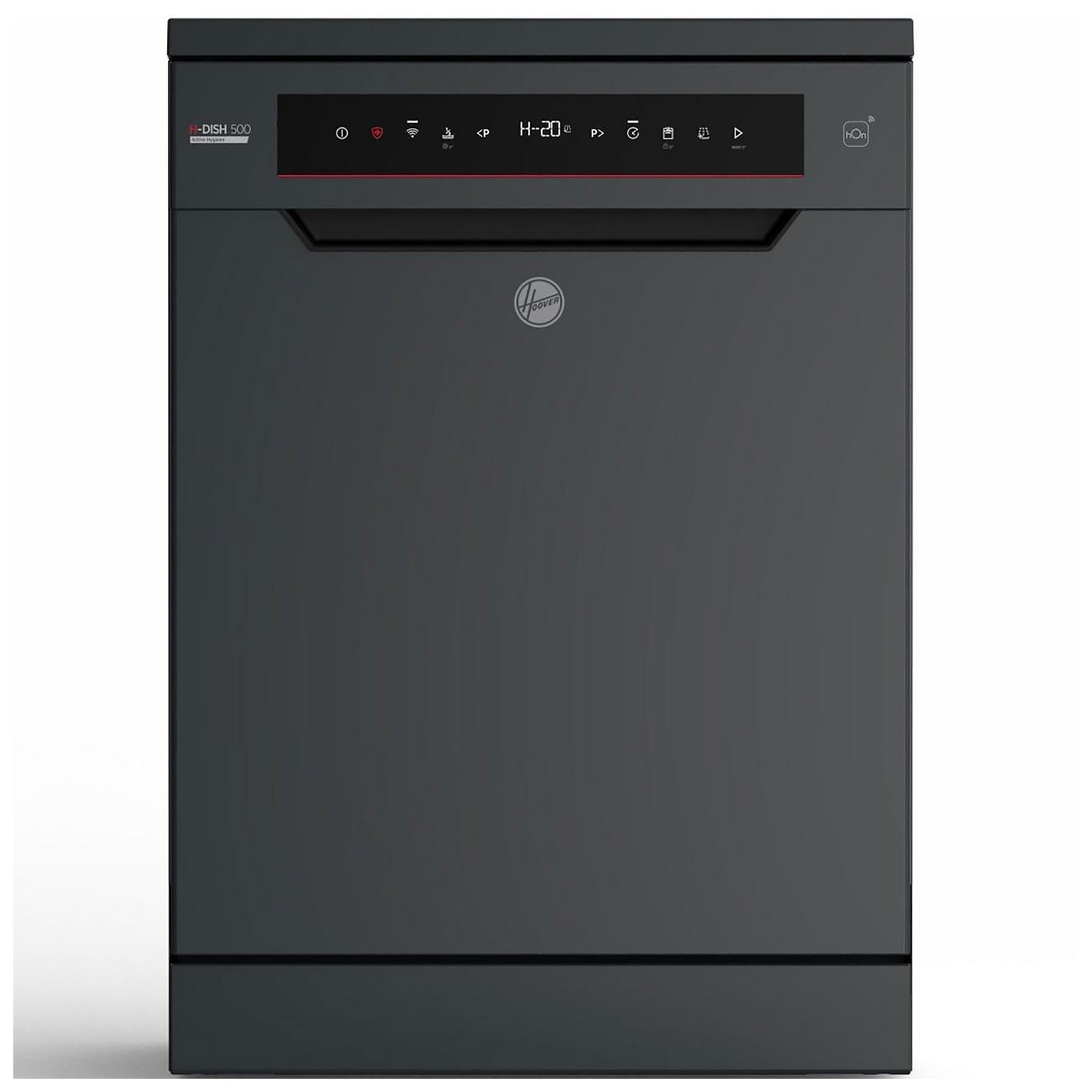 Freestanding anthracite dishwasher with a sleek design, featuring a digital control panel, WiFi and Bluetooth connectivity, and capacity for 14 place settings.