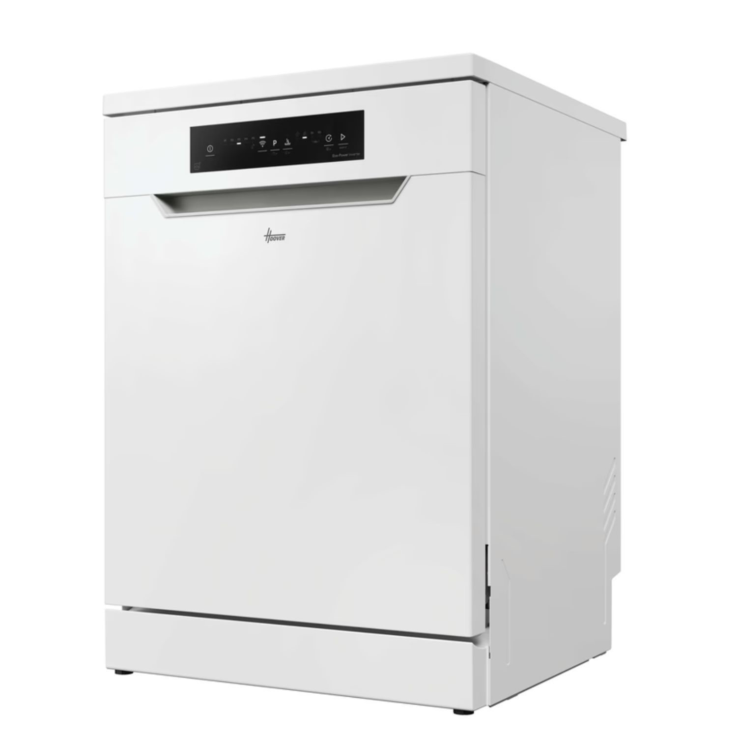 Freestanding white dishwasher with a sleek design, featuring a black control panel with buttons and indicators, labeled as Hoover H-Dish 300 and rated C for energy efficiency.
