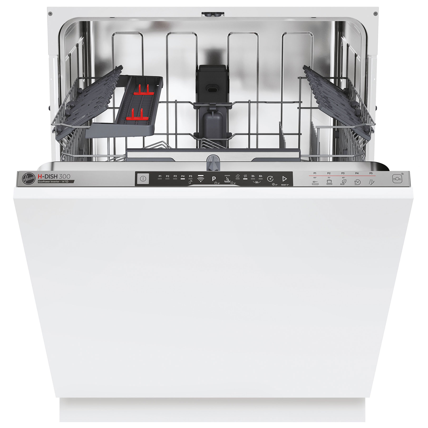 White fully integrated Hoover HI4E7L0S dishwasher with an open door, showcasing a stainless steel interior, adjustable racks, and control panel featuring buttons and a display.