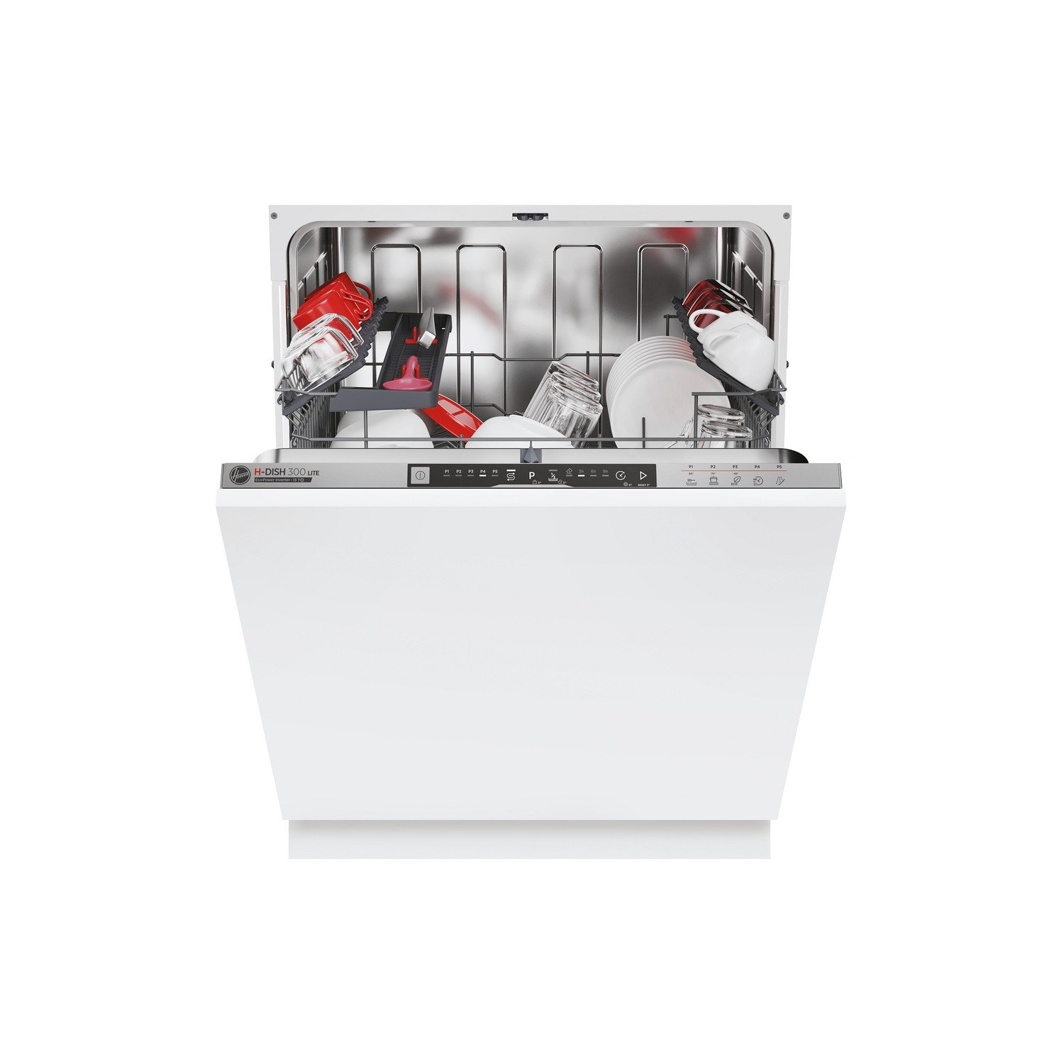 Fully integrated white dishwasher with stainless steel interior, featuring 13 place settings, adjustable racks, and a digital control panel on the front.