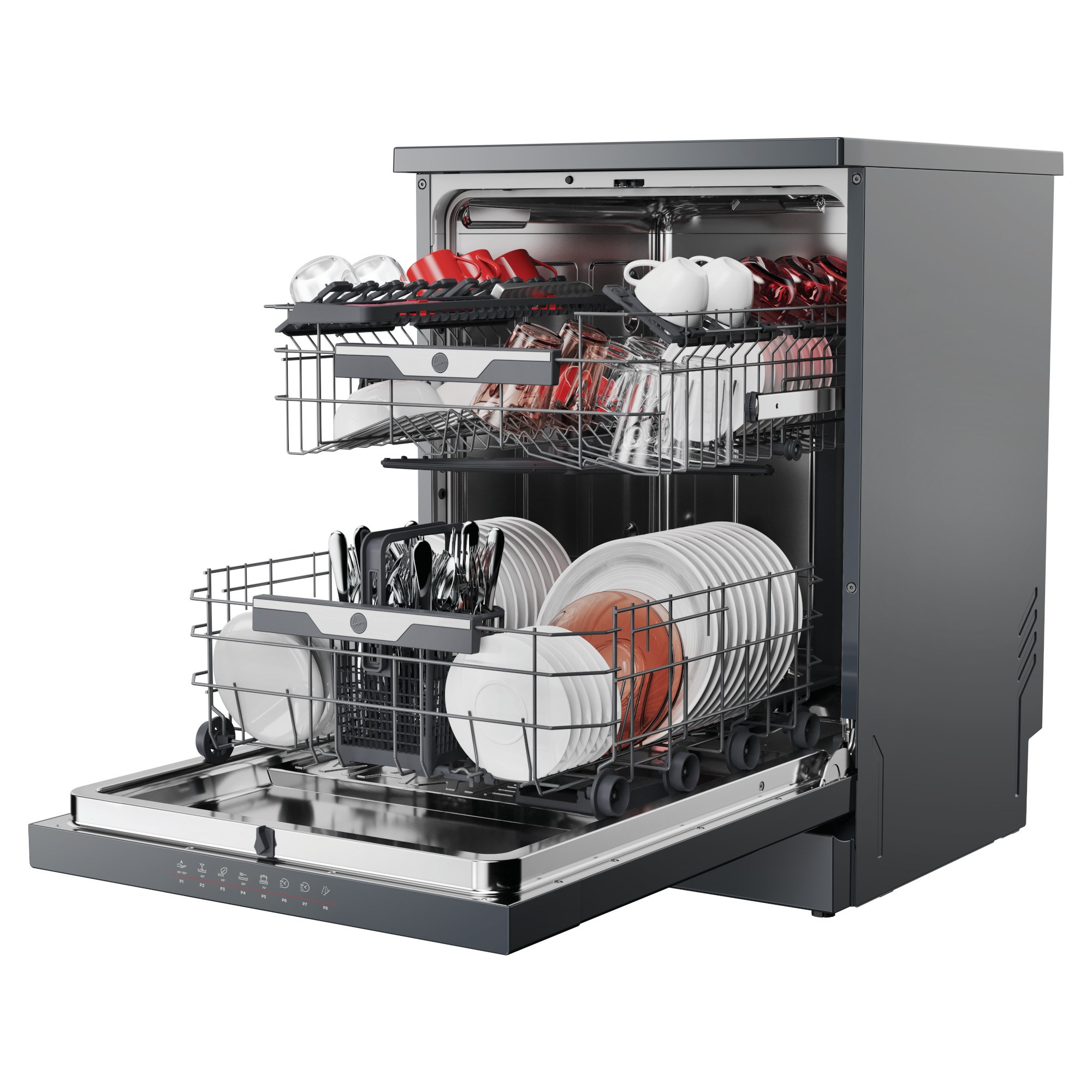 Sleek black Hoover dishwasher with two pull-out racks, featuring silver wire baskets filled with clean dishes, cups, and utensils, and a control panel at the front.