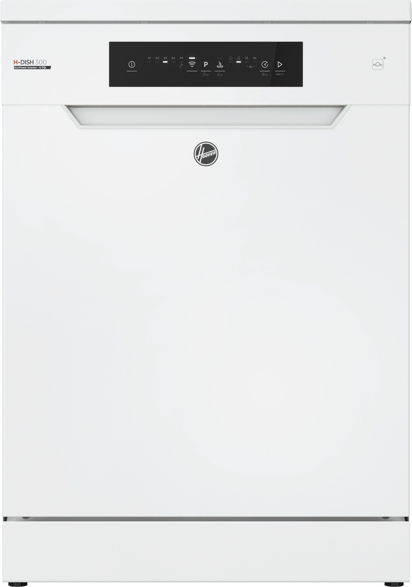 White Hoover dishwasher featuring a sleek design, a black control panel with touch buttons, and a modern handle, designed for efficient dish cleaning.