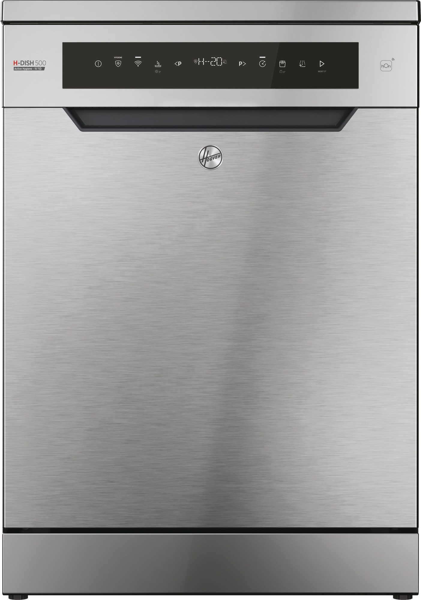 Stainless steel freestanding dishwasher with a sleek design, featuring a control panel with touch buttons and a capacity for 15 place settings.