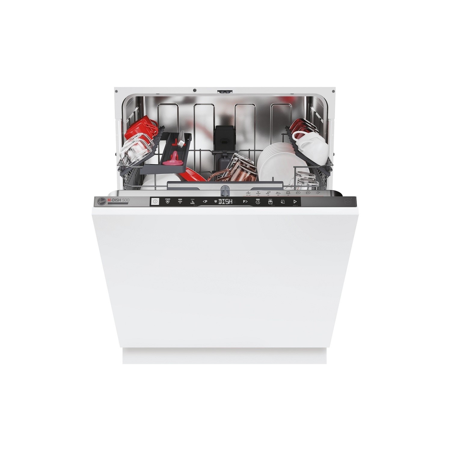 Fully integrated white dishwasher with an open door displaying a stainless steel interior, adjustable racks, and control panel featuring buttons and a digital display.