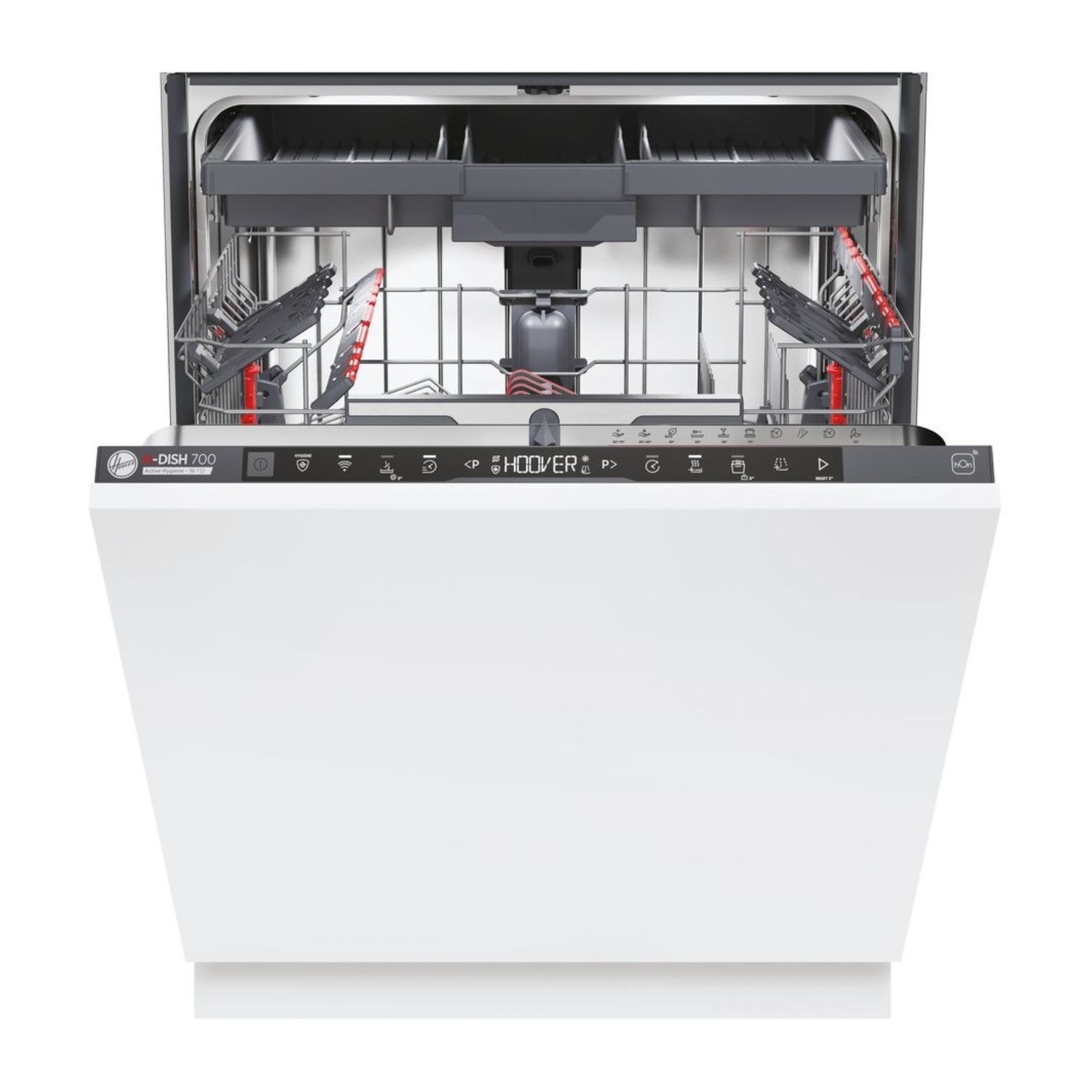Integrated white dishwasher with a stainless steel interior, featuring a 16 place settings capacity, adjustable racks, and a digital control panel at the top.