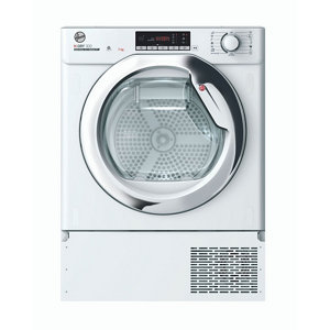 White built-in tumble dryer with a chrome door, digital display, control knobs, and a 7kg capacity, featuring a perforated drum design for efficient drying.