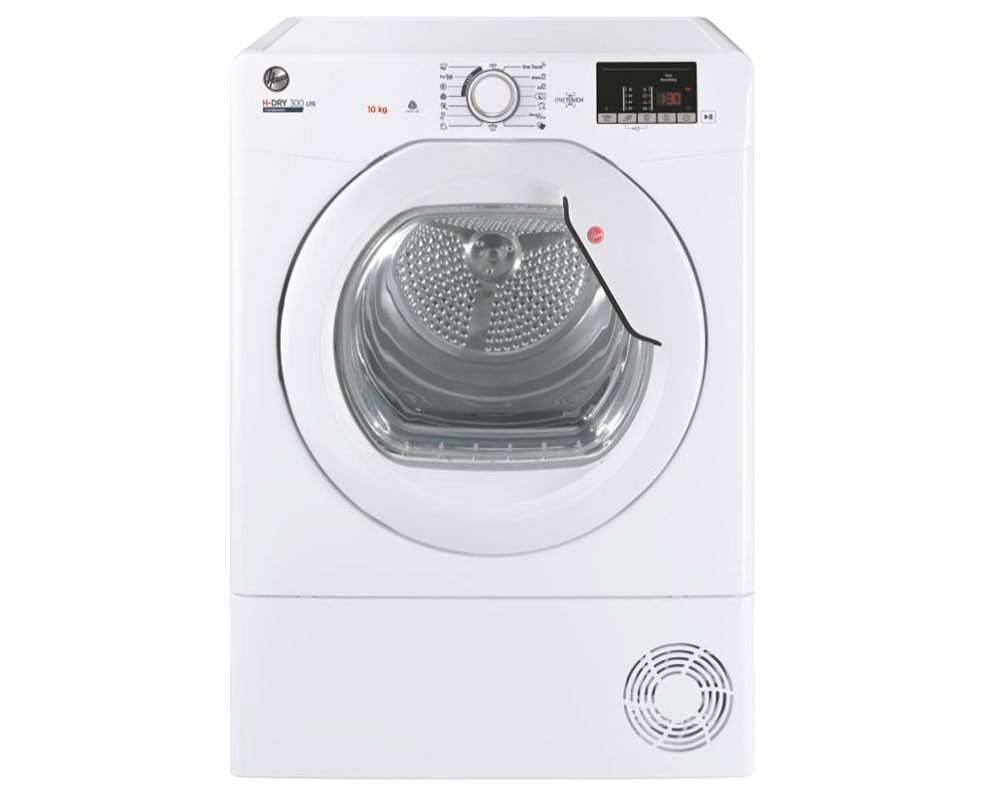 White Hoover H-Dry 300 Lite 10kg condenser tumble dryer featuring a transparent door, control panel with digital display, and vent at the bottom.