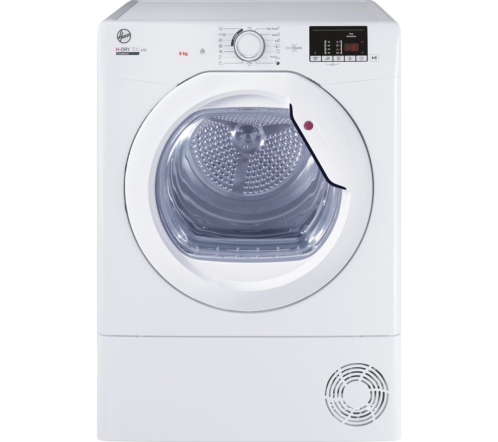 White Hoover H-Dry 300 Lite 9kg condenser tumble dryer featuring a transparent door, control panel with digital display, and smart sensor drying technology.