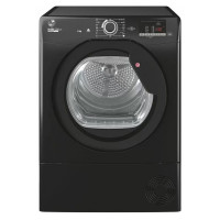 Black freestanding condenser tumble dryer with a transparent door, control panel featuring dials and buttons, and a 9kg capacity, model Hoover HLE C9DGB H-Dry 300 Lite.