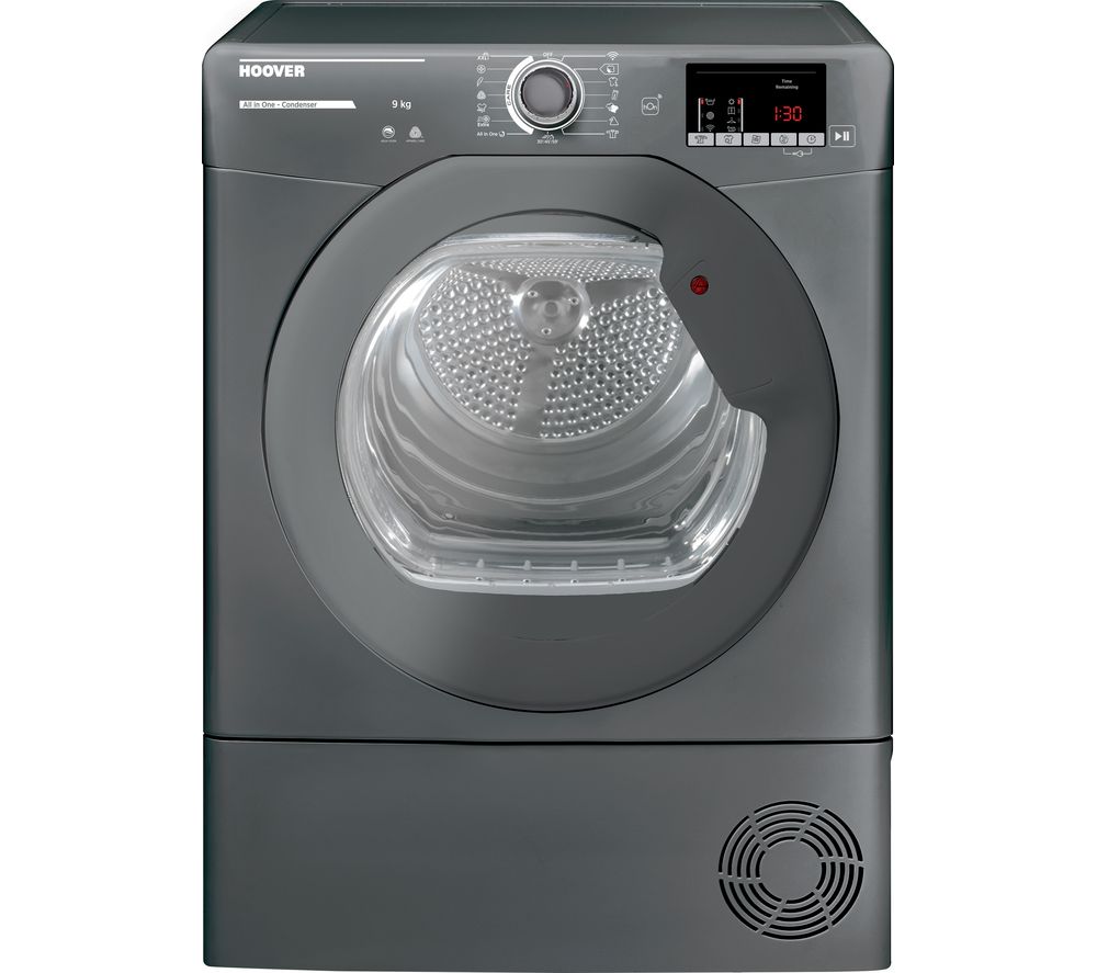 Hoover H-Dry 300 condenser tumble dryer in anthracite color, featuring a large transparent door, digital display, and a 9kg capacity.