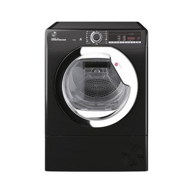 Black condenser tumble dryer with a transparent door, control panel featuring buttons and a digital display, and a sleek, modern design.