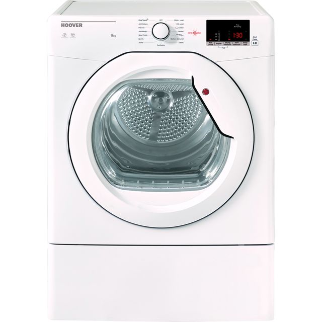 White vented freestanding tumble dryer with a transparent door, control panel featuring buttons and a digital display, and a red indicator light.