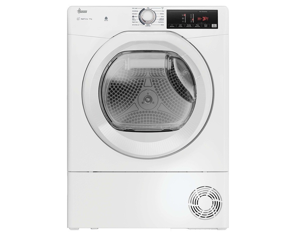 White Hoover HREH9N2TE-80 tumble dryer featuring a large transparent door, digital display with control knobs, and vent at the bottom for efficient drying.