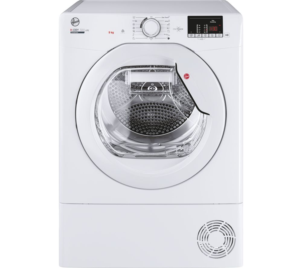 White Hoover dryer featuring a transparent front door, digital control panel with LED display, and a 9 kg capacity.