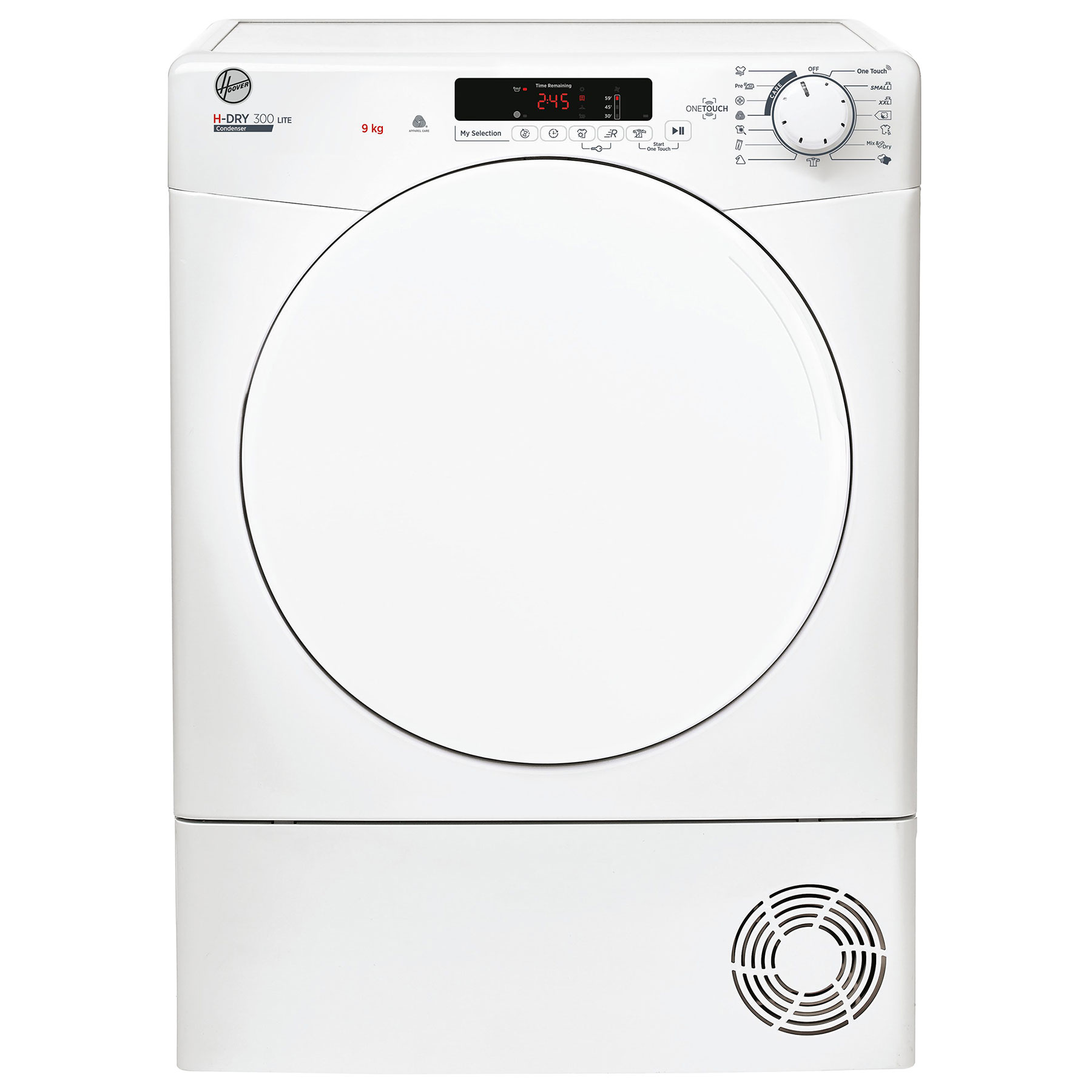 White freestanding tumble dryer with a large circular door, digital display, control knobs, and vent at the bottom, featuring a 9kg capacity and sleek design.