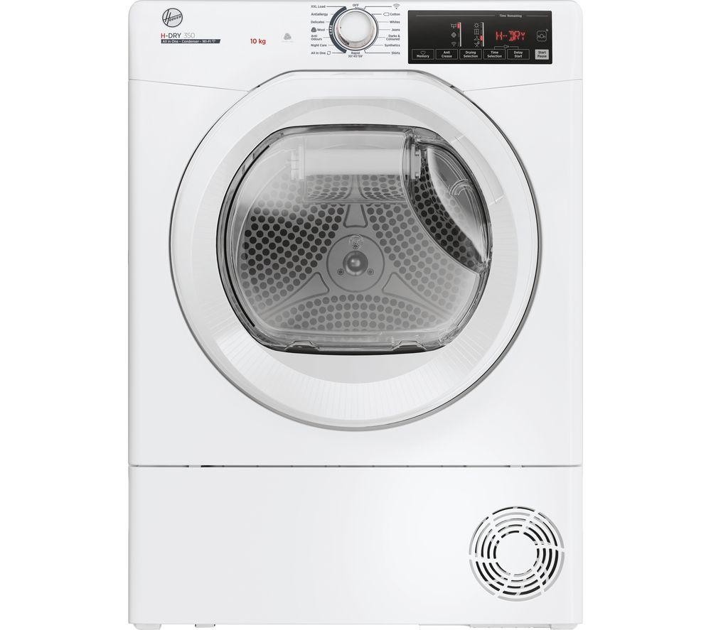 White Hoover H-Dry 350 condenser tumble dryer with a 10 kg capacity, WiFi-enabled, featuring a transparent door, control panel with digital display, and vent at the bottom.