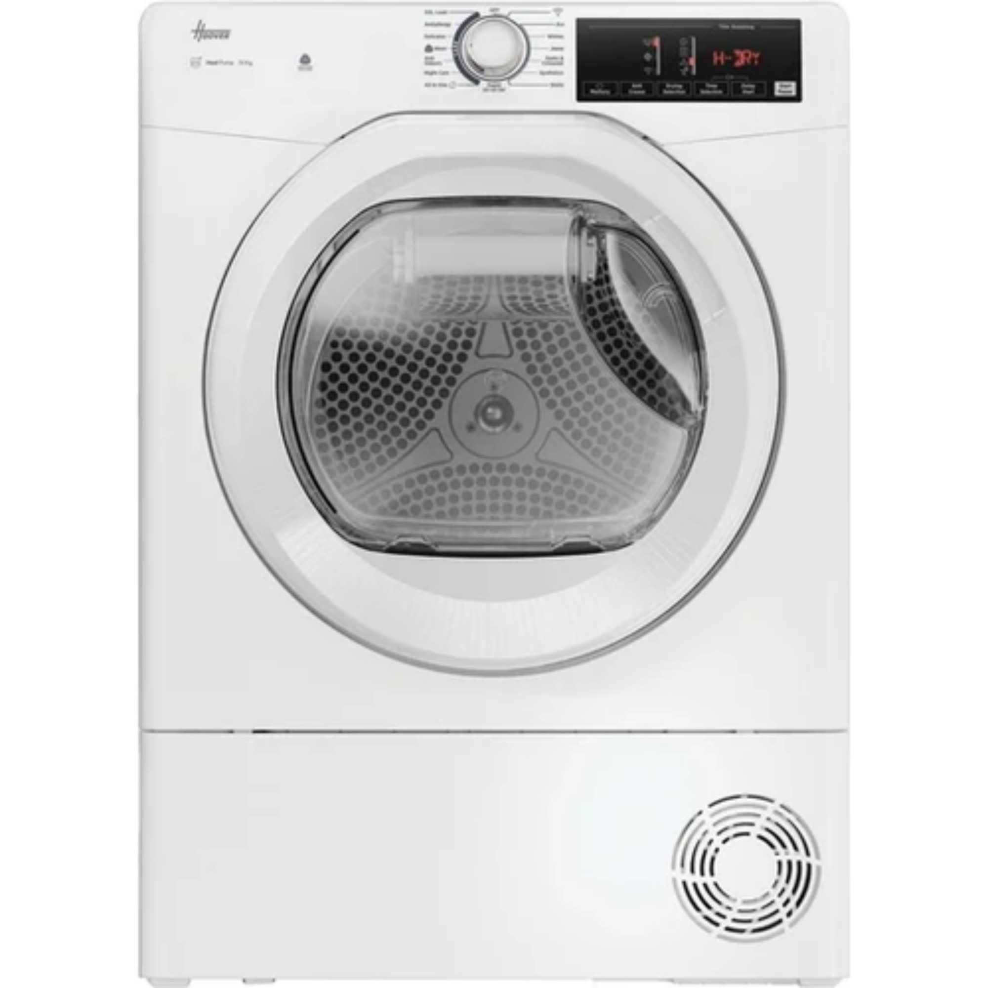 White Hoover HREH10N2TE-80 heat pump dryer featuring a large glass door, control panel with digital display, and ventless design for efficient drying.