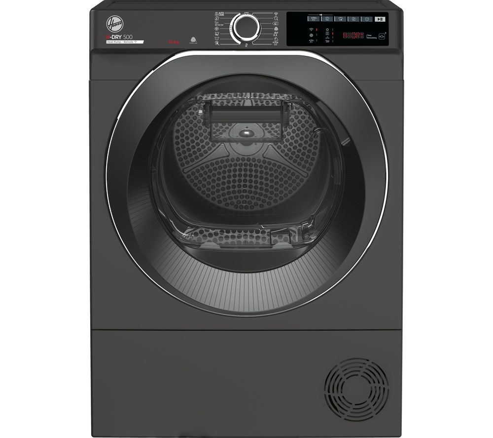 Anthracite-colored Hoover H-Dry 500 heat pump tumble dryer with a 10kg capacity, featuring a clear front door, control panel with digital display, and sleek design.