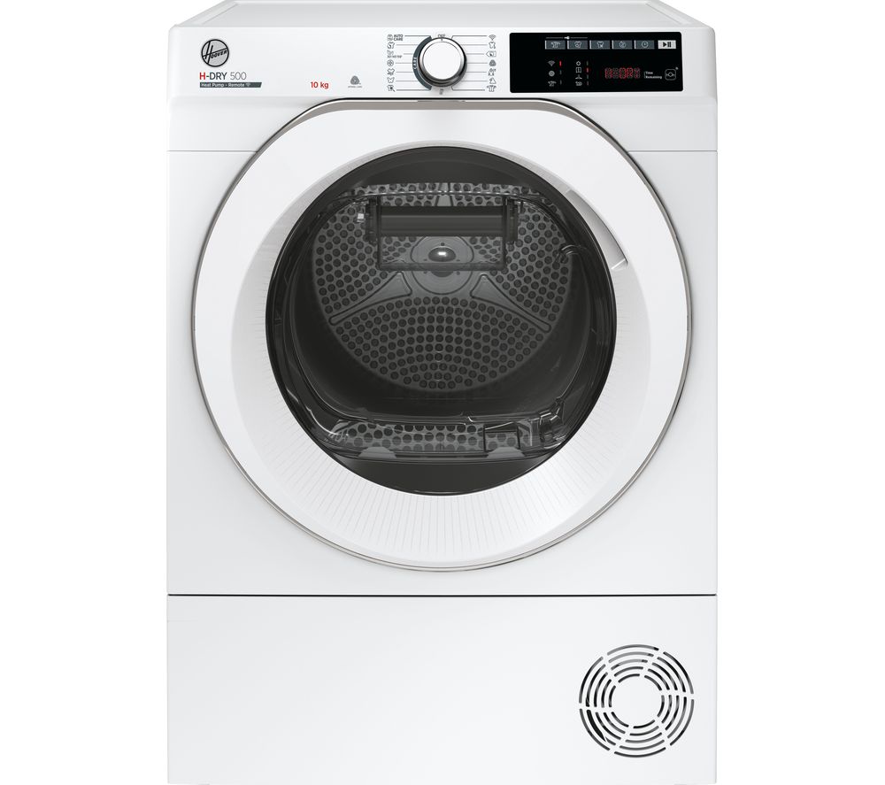 White Hoover H-Dry 500 heat pump tumble dryer with a 10kg capacity, featuring a transparent door, digital control panel, and Wi-Fi & Bluetooth connectivity.