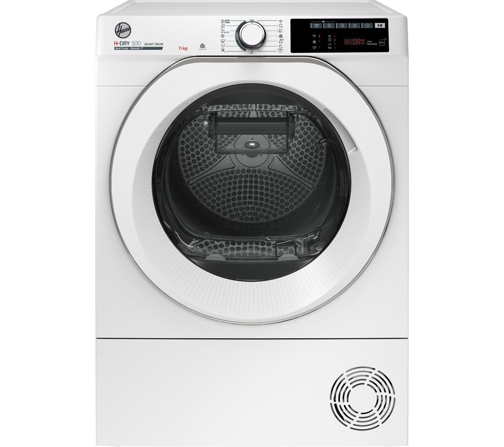 White Hoover NDEH11A2TCEXM-80 H-Dry 500 heat pump tumble dryer featuring a large transparent door, digital display, and control dial, designed for 11kg capacity laundry.