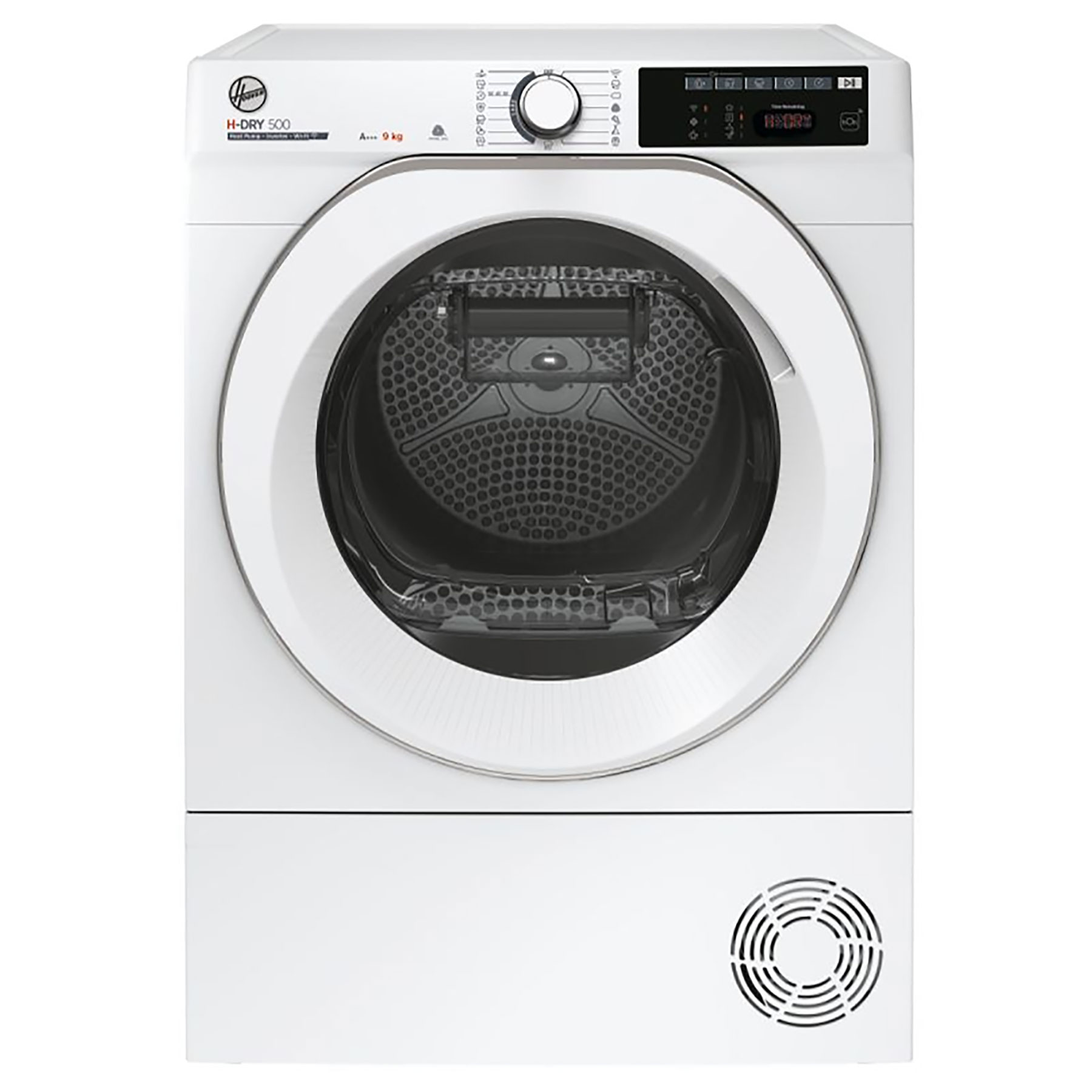 White Hoover NDE H9A3TCE-80/N D-Dry 500 heat pump tumble dryer with a large transparent door, control panel featuring a digital display and buttons, and vent at the bottom.