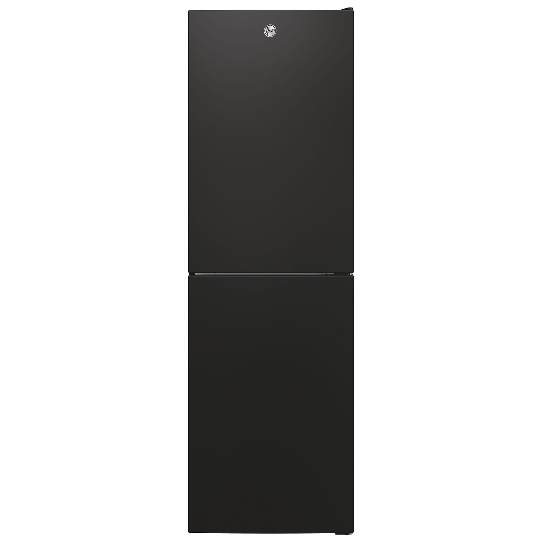 Black 50/50 fridge freezer with a sleek, modern design, featuring a top refrigerator compartment and a bottom freezer drawer, made of durable materials.