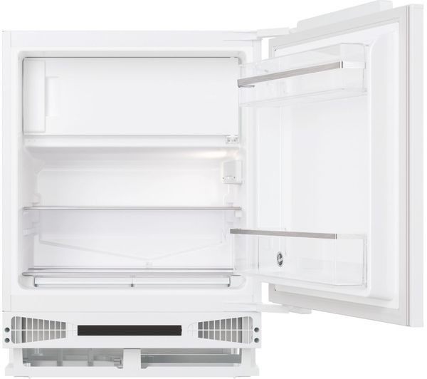 Integrated undercounter fridge with a fixed hinge, featuring a sleek white finish, interior shelves, a transparent drawer, and a minimalist design for modern kitchens.