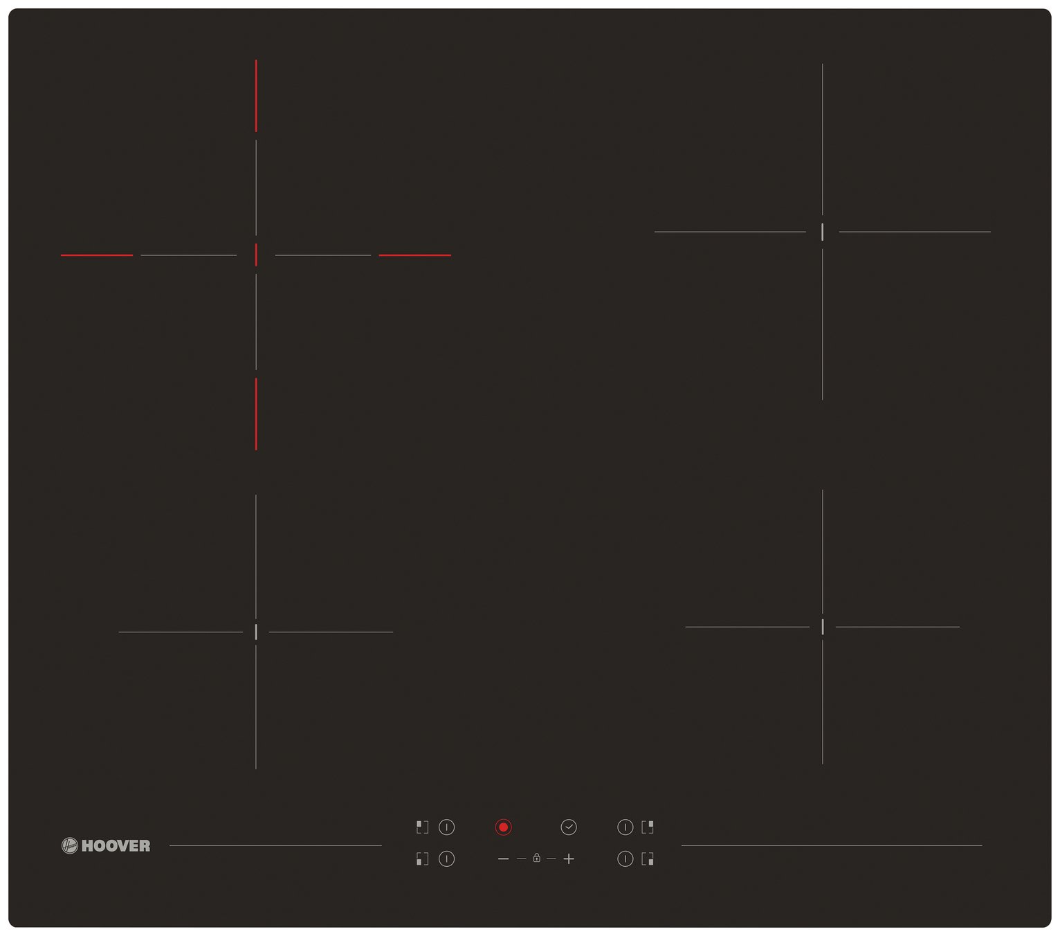 Ceramic black hob with four cooking zones, featuring red and white indicators, touch controls, and a sleek, modern design by Hoover.