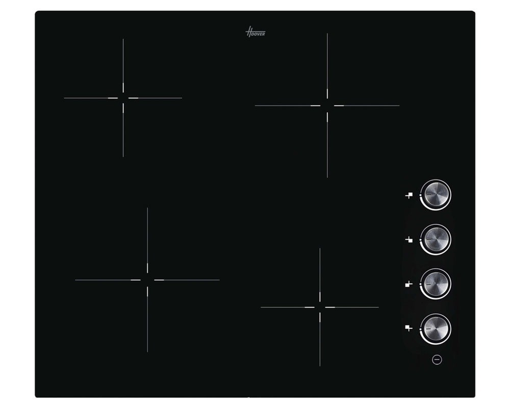 Black electric ceramic hob with four cooking zones and sleek touch controls on the right side, featuring a modern design and a smooth glass surface.