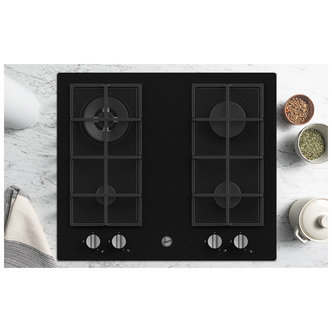 Black 60 cm gas hob with two burners, stainless steel control knobs, and a sleek design, positioned on a light marble countertop with cooking ingredients nearby.