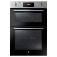 Double oven in sleek black glass with stainless steel accents, featuring digital display and control knobs for temperature and settings.